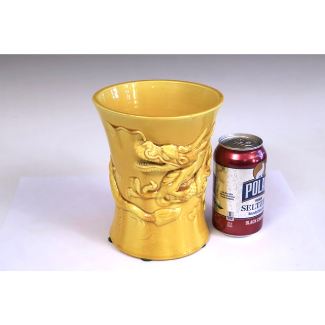 Antique Awaji Pottery Dragon Vase Brush Pot Yellow Japanese For Sale In New York - Image 6 of 7