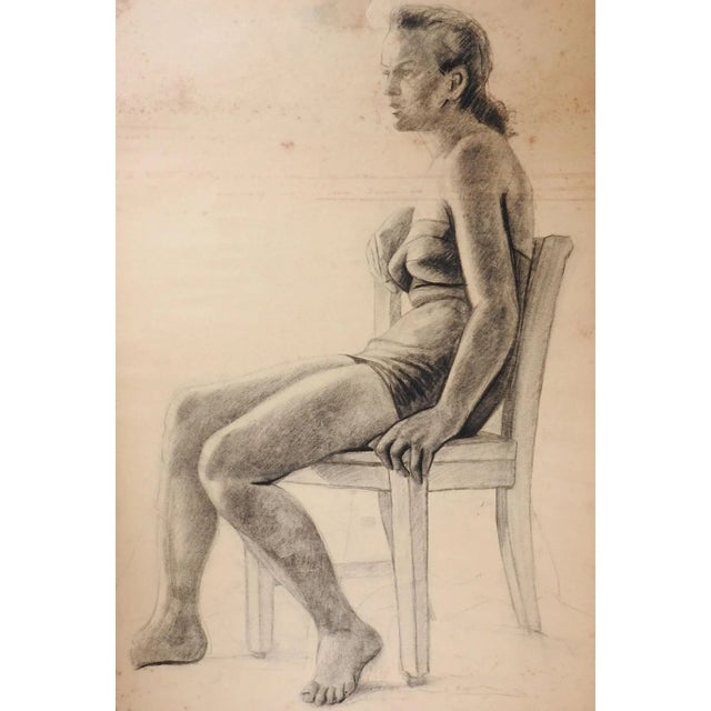 Mid-Century Modern Vintage Mid Century Charcoal Seated Female Figure Drawing For Sale - Image 3 of 3