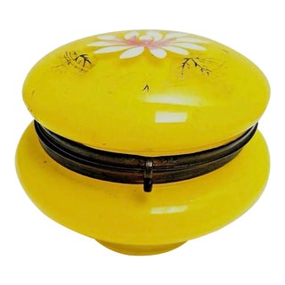 Antique 1890’s Lemon Yellow Art Glass Hand Painted Powder Jar For Sale