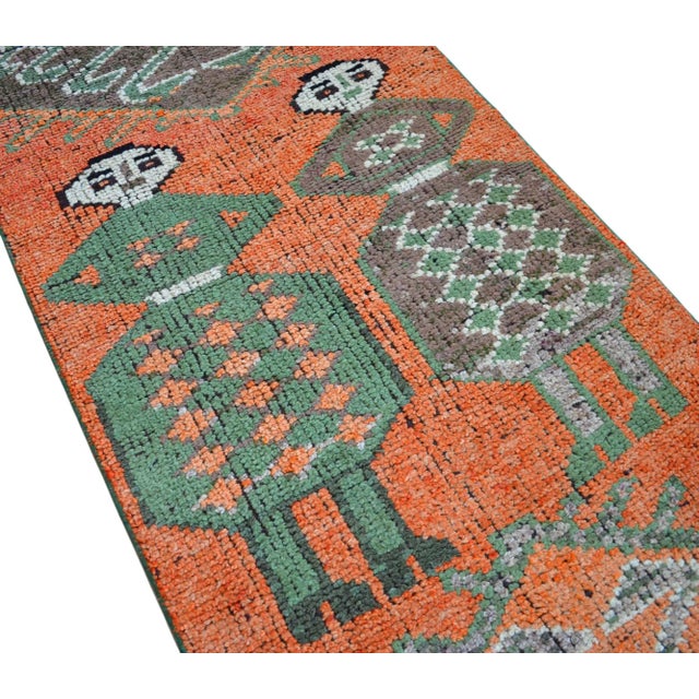 Mythological Runner Rug Hand-Knotted 2'9"x9'6" Vibrant Orange Turkish Rug Kitchen Runner Extraterrestrial Motif For Sale - Image 9 of 14