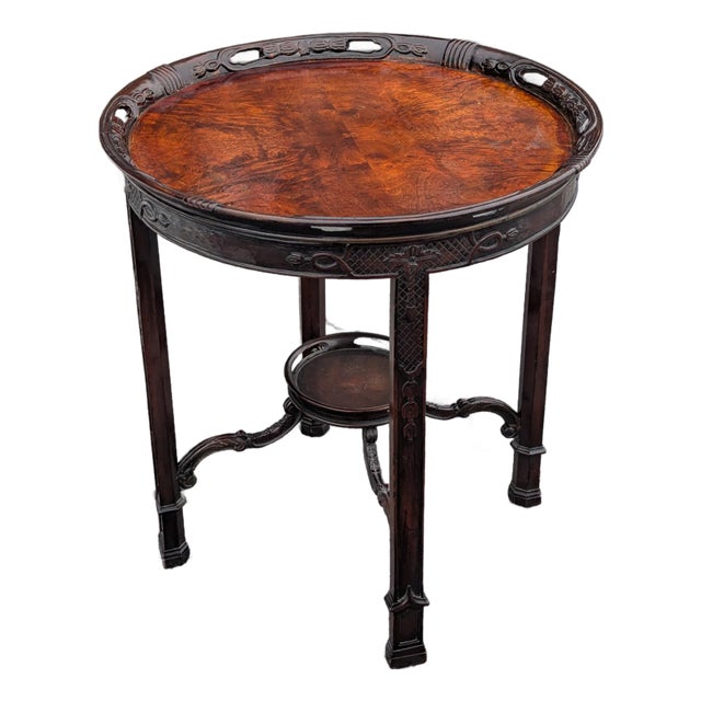 Large Antique Mahogany Two-Tier Round Parlor Table With Hand-Carved Supports For Sale