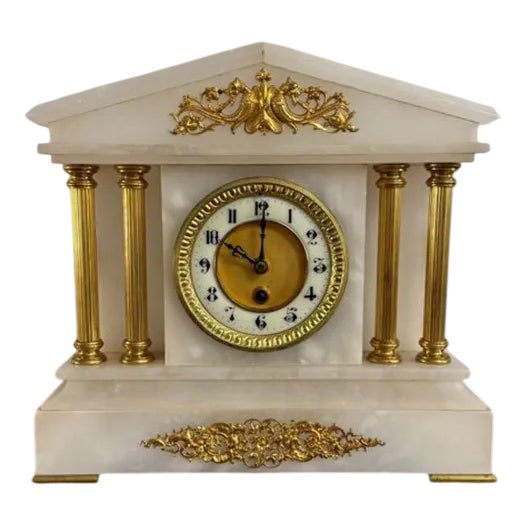 Antique Victorian Alabaster Mantel Clock, 1890 For Sale