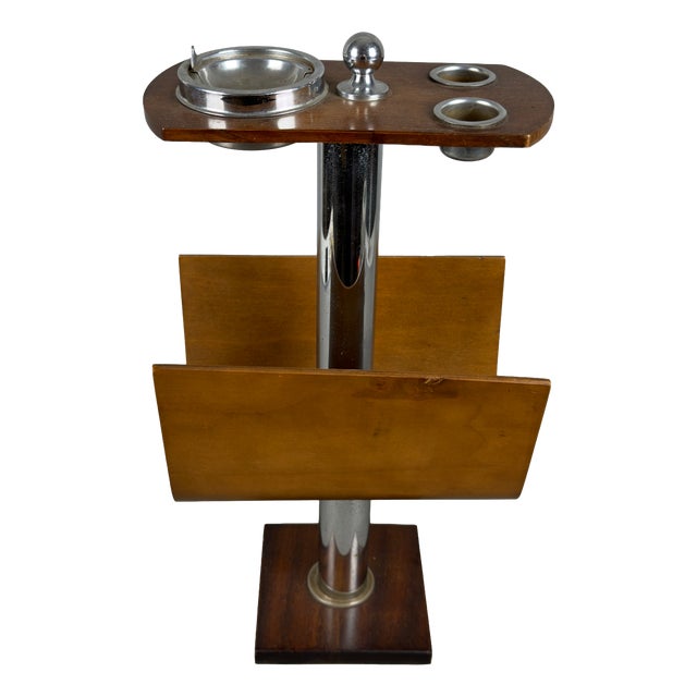 Vintage Floor Standing Ashtray Magazine Rack in Curved Wood and Chromed Metal, 1960s For Sale