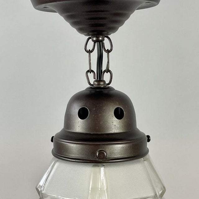 Secessionist Brass Semi Flush Mount in Frosted Glass and Burnished, 1920s For Sale - Image 12 of 14