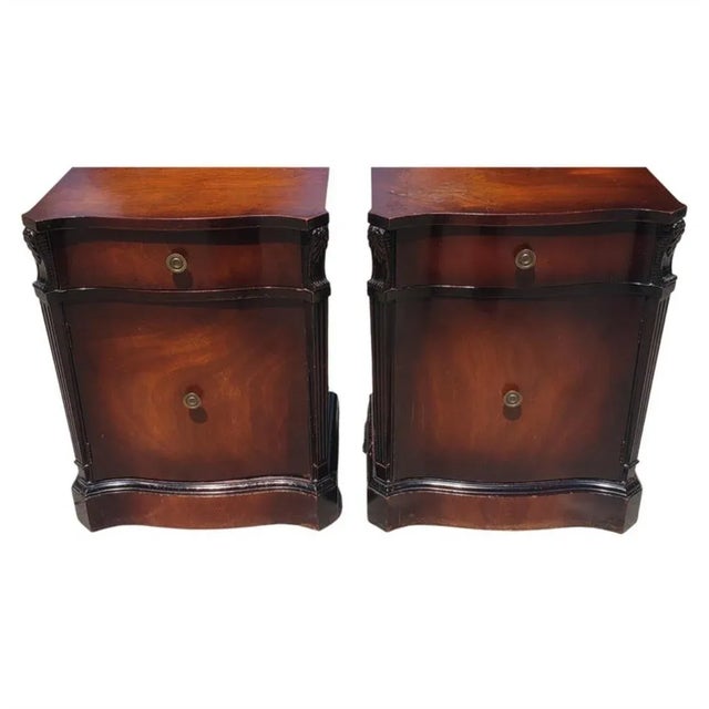 a rare pair of Carlton House Chippendale Style Fruitwood Bedside Tables. Good vintage condition. Wear consistent with age...