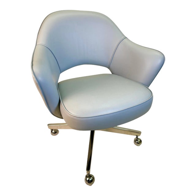 Saarinen Exec Armchair in Powder Sky Blue Leather on Polished Nickel Swivel Base For Sale
