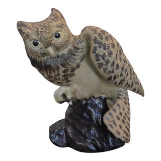 Vintage Circa 1970 Chinese Shiwan Pottery Owl Atop Rock Figurine For Sale