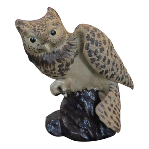 Vintage Circa 1970 Chinese Shiwan Pottery Owl Atop Rock Figurine