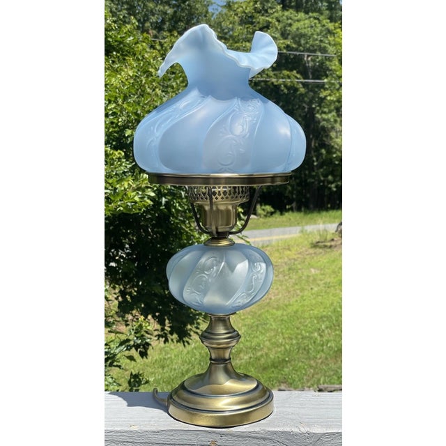 Rare Vintage Ice Blue Satin Frost Fenton Paisley Glass Table Lamp 20th C. For Sale - Image 9 of 18