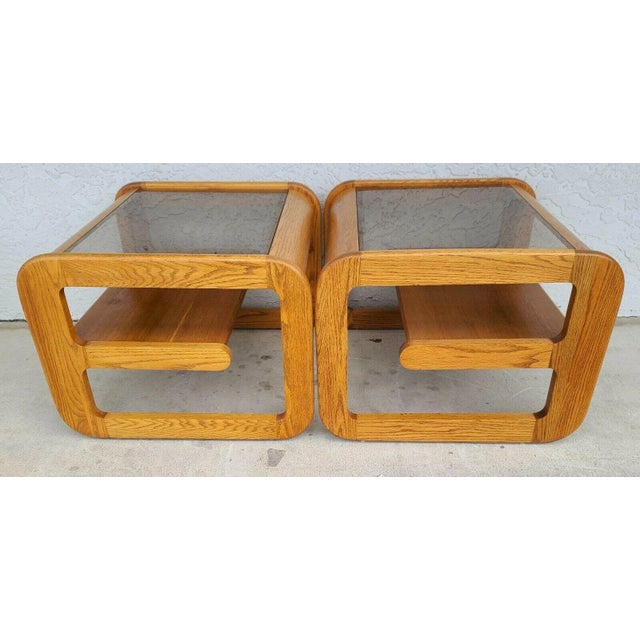 Mersman 70's MCM Hodges Mersman Oak Smoked Glass End Tables- Set of 2 For Sale - Image 4 of 10