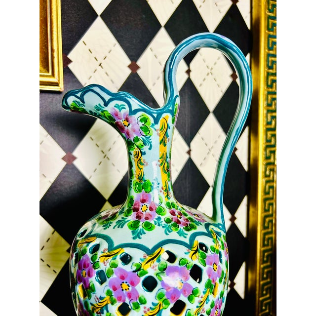 Pair Signed J. Leonardo Portuguese Hand-Painted Reticulated Ceramic Ewers, 15" For Sale - Image 10 of 17
