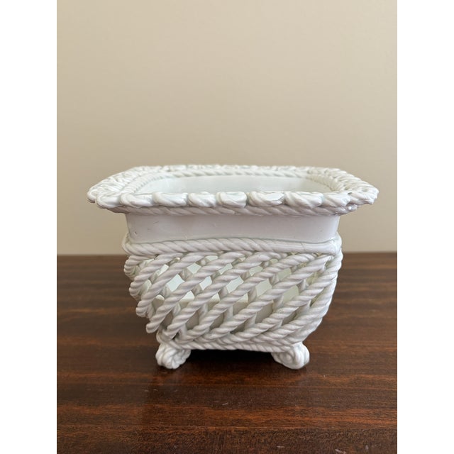 French Country French Country White Ceramic Woven Rope Cachepot Basket For Sale - Image 3 of 8