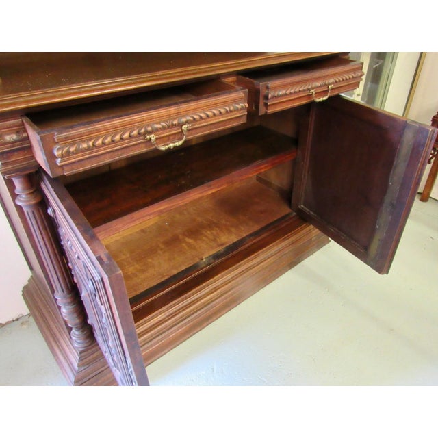 Early 20th Century Carved Antique English Two Piece Walnut Court Cupboard China Cabinet For Sale - Image 9 of 13