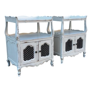 Vintage French Country Nightstands, Pair of Distressed White Bedside Cabinets With Wire Mesh Doors, Cottage Farmhouse Furniture, Shabby Chic For Sale