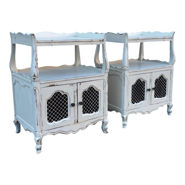 Vintage French Country Nightstands, Pair of Distressed White Bedside Cabinets With Wire Mesh Doors, Cottage Farmhouse Furniture, Shabby Chic For Sale