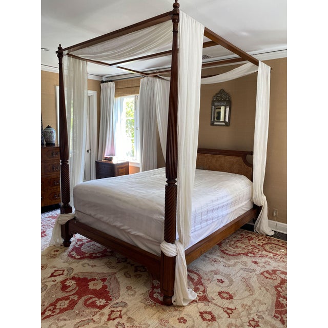 English Vintage British Khaki "Lord Mountbatten" Four Poster Anglo-Indian Style Canopy Queen Bed For Sale - Image 3 of 18