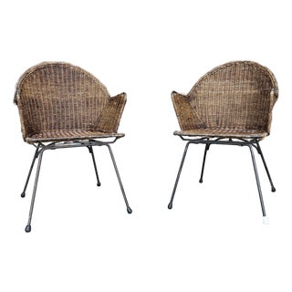 Pair of Salterini Vintage Wicker and Iron Mid Century Lounge Chairs For Sale