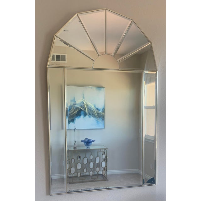 Art Deco Vintage 1980s Arched Wall Mirror With Beveled Glass Panes and Sunburst Top Design For Sale - Image 3 of 7