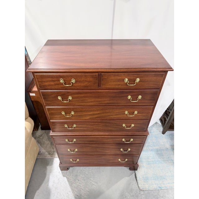 Transitional Late 20th Century Henkel Harris Mahogany Chest on Chest Tall Dresser For Sale - Image 3 of 9