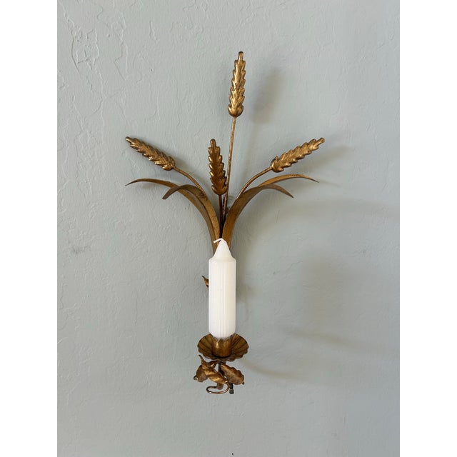 1950s Italian Florentine Tole Candle Sconce Wheat Motif For Sale - Image 4 of 9