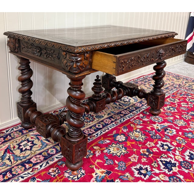 Antique French Henri II Style Writing Desk Barley Twist Carved Walnut 19th C For Sale - Image 10 of 18