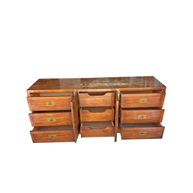 Campaign Vintage Henredon Style Campaign Dresser or Credenza With Brass Hardware For Sale - Image 3 of 6