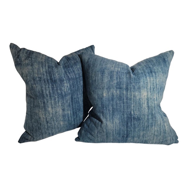 19Thc Blue Homespun Faded Linen Pillows -Pair For Sale