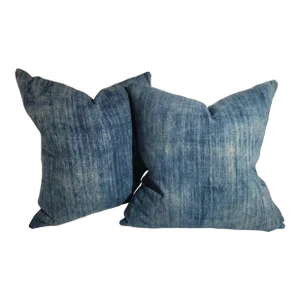 19Thc Blue Homespun Faded Linen Pillows -Pair