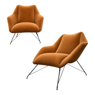 Brazilian Modern “Concha” Armchairs in Iron and Burnt Caramel Mohair by Carlo Hauner, Brazil, 1950s For Sale