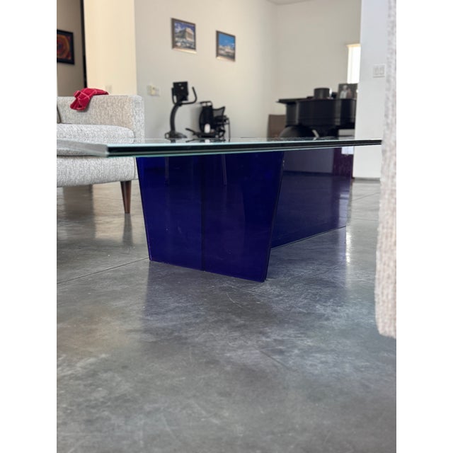 Contemporary 1990s Large Asymmetrical Sculptural Glass Coffee Table With Cobalt Blue Pedestal Base For Sale - Image 3 of 13