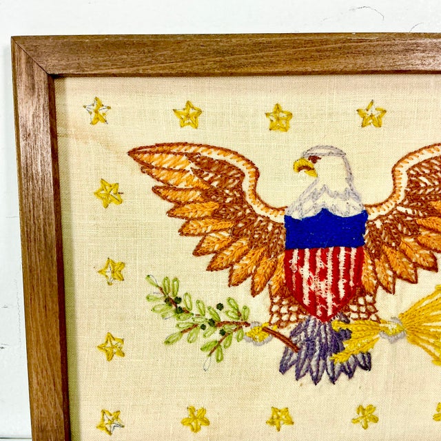 1930s Vintage Boho Chic Americana Patriotic Eagle Needlepoint Yarn Sampler, Framed For Sale - Image 11 of 11