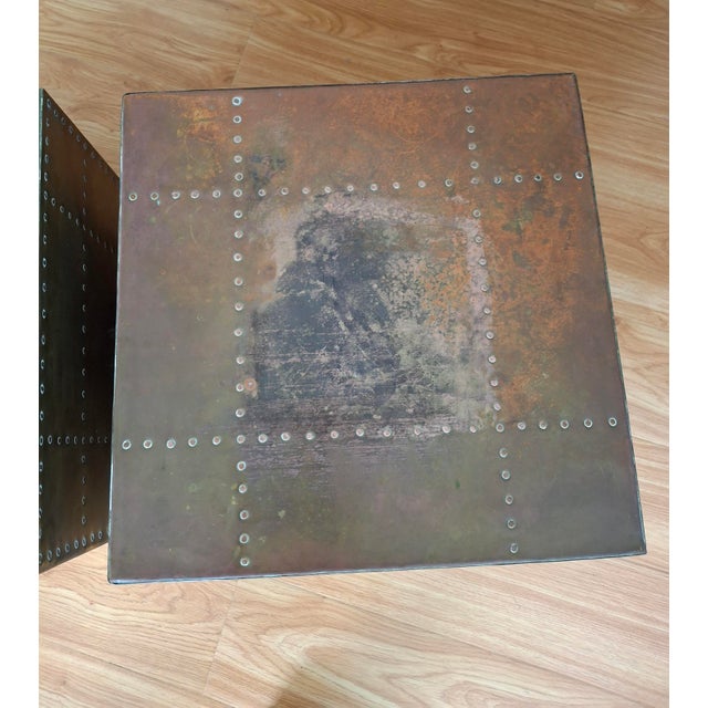 Pair of Sarreid, Ltd. Riveted Brass Clad Cube Occasional Tables For Sale - Image 11 of 12