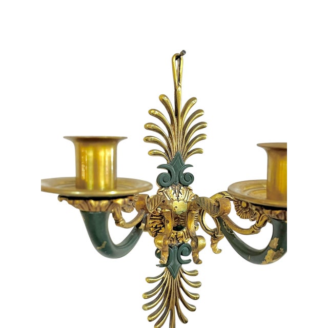 Metal Antique Pair French Empire Gilt Bronze Candle Sconces Floral Scroll Arms For Sale - Image 7 of 17
