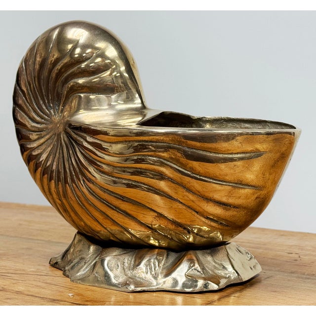 Vintage nautilus brass seashell planter atop rock style base. Use as a planter, wine bottle holder, or as stand alone...