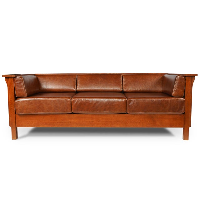 Rustic Craftsman Cubic Panel Side Sofa - Chestnut Brown Leather For Sale - Image 3 of 7