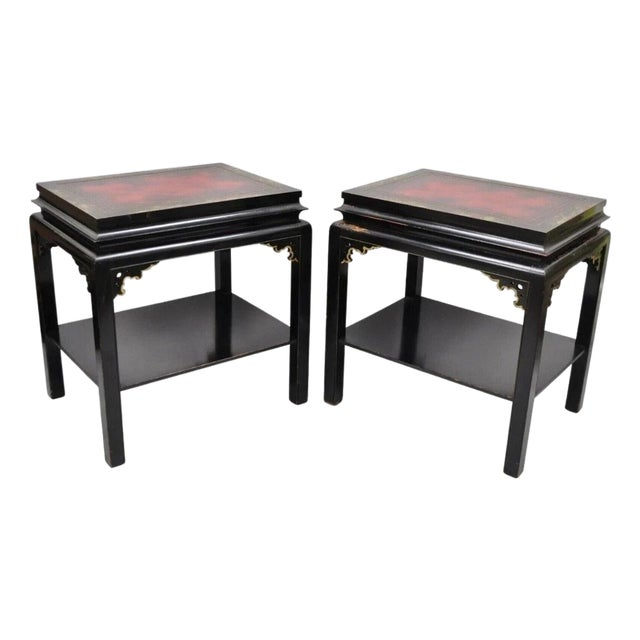 Vintage Chinoiserie Black Lacquered Red Leather Top 2 Tier End Tables - A Pair For Sale