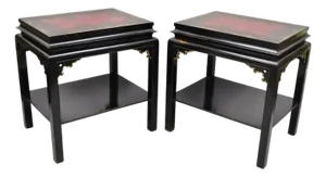 Vintage Chinoiserie Black Lacquered Red Leather Top 2 Tier End Tables - A Pair
