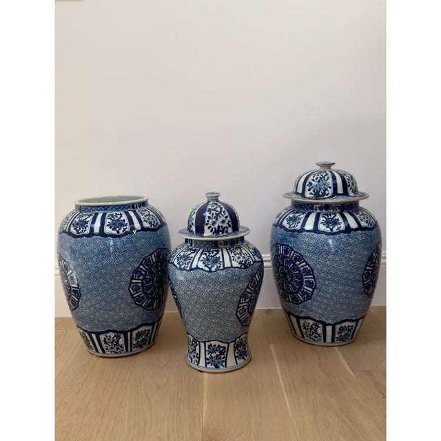 Traditional Set of 3 Large Blue & White Jars From Barclay Butera For Sale - Image 3 of 7