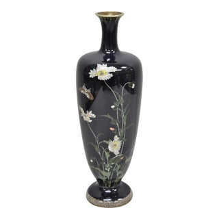 Early 20th Century Meiji Period Japanese Cloisonne Enamel Dark Blue Daisy & Butterfly Tall Urn Vase For Sale