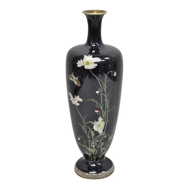 Early 20th Century Meiji Period Japanese Cloisonne Enamel Dark Blue Daisy & Butterfly Tall Urn Vase For Sale