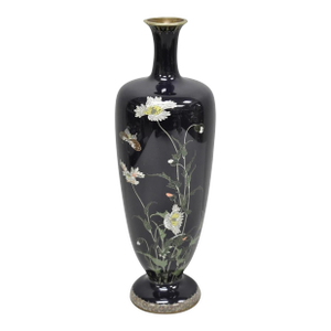 Early 20th Century Meiji Period Japanese Cloisonne Enamel Dark Blue Daisy & Butterfly Tall Urn Vase