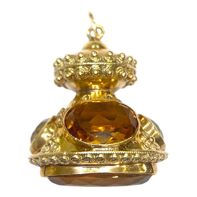 Mid 20th Century Mid 20th Century Etruscan Revival 18k Gold Citrine Charm Pendant For Sale - Image 5 of 10
