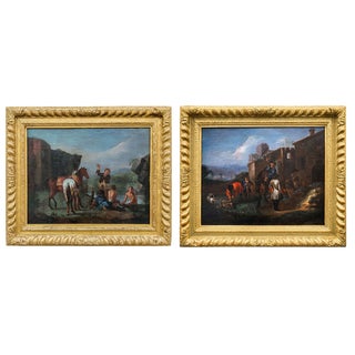 Philips Wouwerman, Knights in Front of a Coaching Inn and Knights and Bathers at a Stream, 1600s, Oil on Canvases, Set of 2 For Sale