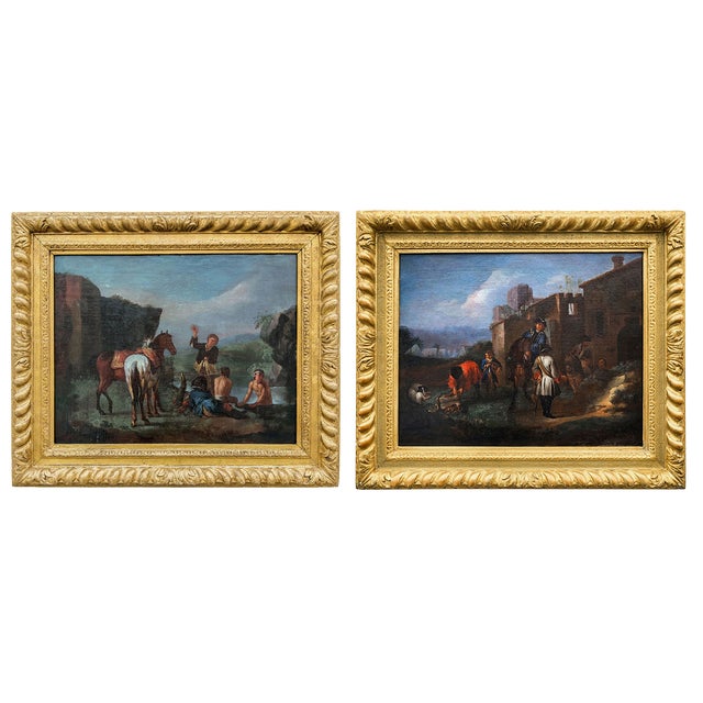 Philips Wouwerman, Knights in Front of a Coaching Inn and Knights and Bathers at a Stream, 1600s, Oil on Canvases, Set of 2 For Sale