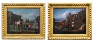 Philips Wouwerman, Knights in Front of a Coaching Inn and Knights and Bathers at a Stream, 1600s, Oil on Canvases, Set of 2