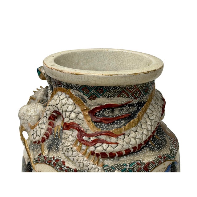 Vintage Asian Satusma Ceramic Handpainted Samurai Relief Dragon Motif Vase For Sale - Image 15 of 18