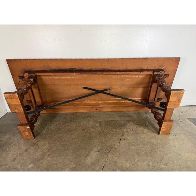 Oxblood Red Monumental Spanish Revival Style Walnut Trestle Dining Table With Hand-Hewn Top For Sale - Image 8 of 8