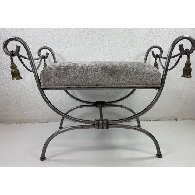 Metal Late 20th Century Hand Forged Iron and Brass Upholstered Bench For Sale - Image 7 of 11