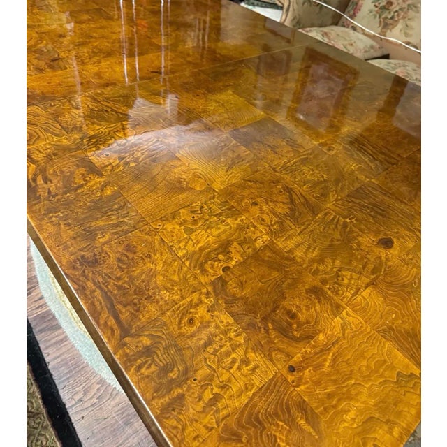 1970s Milo Baughman Olive Burl Extension Dining Table on Chrome Plinth Base, 2 Leaves, 1976 For Sale - Image 5 of 11
