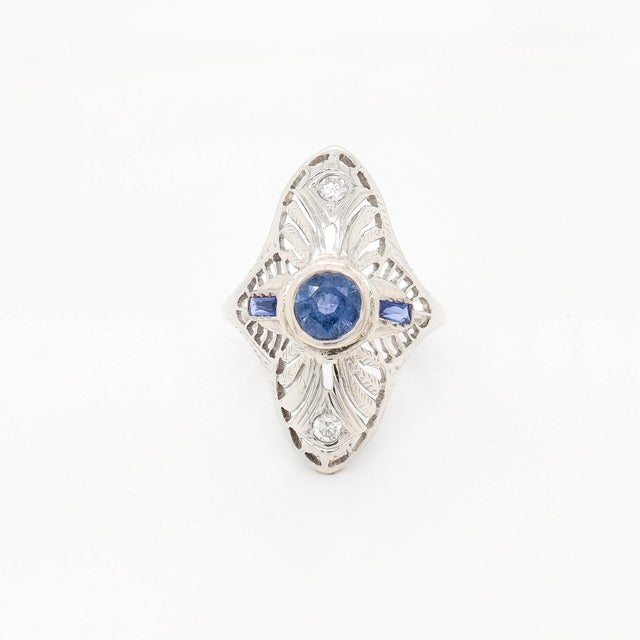 Late 20th Century 18k White Gold, Sapphire, and Diamond Art Deco Style Filigree Cocktail Ring For Sale - Image 5 of 11